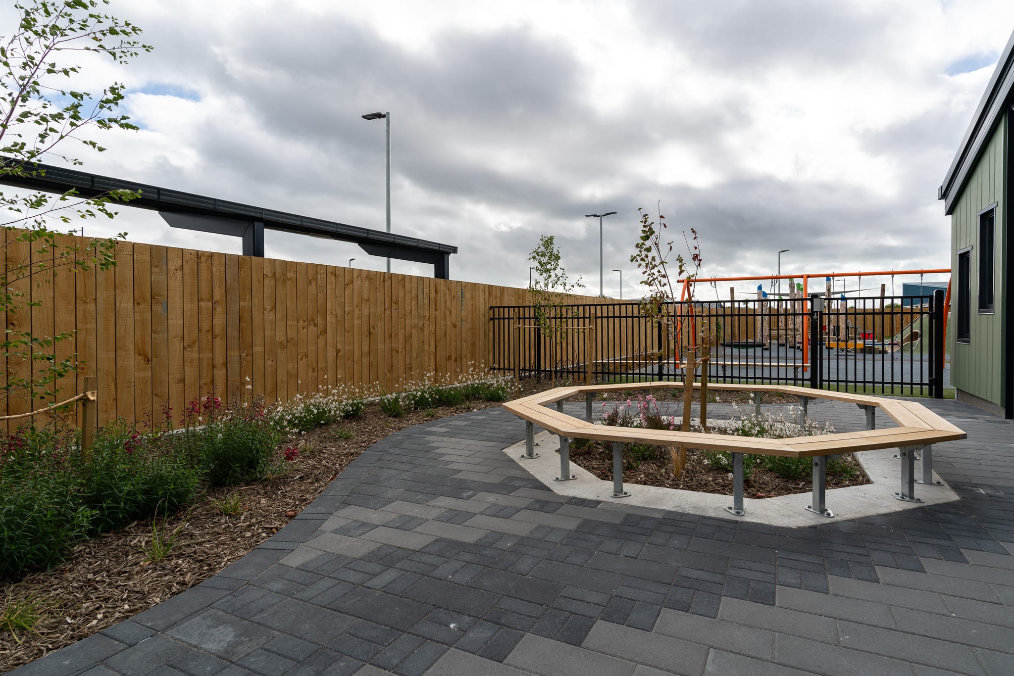 wooden fence panels and metal boundary fencing installed by Axiom Built at Pītau-Allenvale School in Belfast, Christchurch