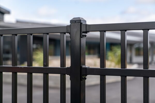 close up of black steel fencing for Pītau-Allenvale School in Belfast, Christchurch designed, manufactured and installed by Axiom Built